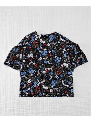 Cigit Desenli Kolu Büzgülü T-Shirt 2-7 Yaş Siyah Çiçek Desen