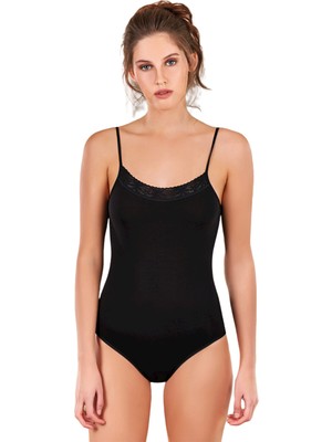 Berrak Kadın 2'li Pamuk Çıtçıtlı Ip Askılı Dantelli Body 2098 | Siyah