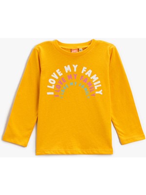 Koton Slogan Baskılı Tişört Uzun Kollu Bisiklet Yaka Pamuklu