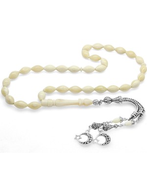 Tesbihane Kararmaz Metal Ayyıldız Püsküllü Arpa Kesim Doğal Renk Deve Kemiği Tesbih