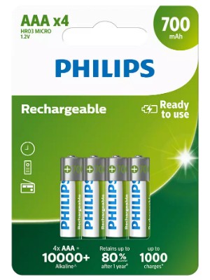 Philips 4lü Şarj Edilebilir AAA İnce Pil 700 mAh Yüksek Kapasiteli Pil Tüm Cihazlar İçin Uygun