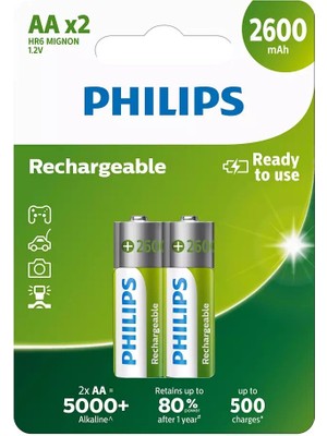 Philips 2li Şarj Edilebilir AA Kalem Pil 2600mAh Yüksek Kapasiteli Uzun Süreli Kullanım