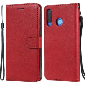 Deri Serisi-2 Düz Renkli Pu Deri Telefon Kılıfı Cüzdan Stand Kapağı Huawei P30 Lite Için Kayış / Nova 4e - Kırmızı (Yurt Dışından)