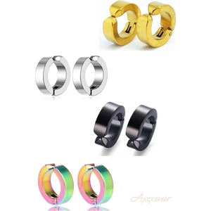 Trend Collection 4 Çift Sıkıştırmalı Deliksiz Halka Siyah Gümüş Gold Renkli Unisex Çelik Küpe Set