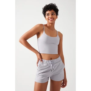 Los Ojos Kadın Gri Cepli Beli Lastikli Basic Fit Spor Şort Shorts