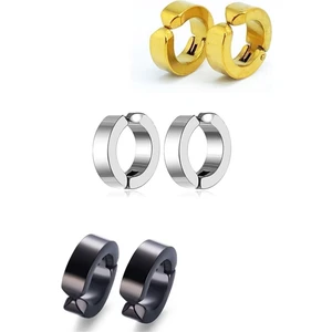 Trend Collection 3 Çift Sıkıştırmalı Deliksiz Halka Unisex Çelik Küpe Gold Siyah Gümüş Set