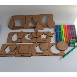 Çocuklar Için Eğitici Ahşap Oyuncak Geometrik Şekiller Çizim El Sanatları Seti