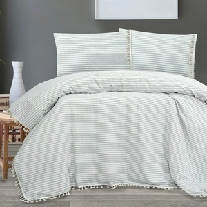 Full Organik Gri Keten Ponponlu Çift Kişilik Nevresim Yastık Seti 200X220 cm
