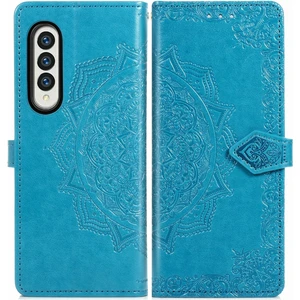 Samsung Galaxy Z Için Z Fold3 Mandala Çiçek Kabartmalı Yatay Flip Deri Kılıf Mavi (Yurt Dışından)