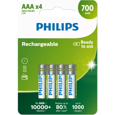 Philips 4lü Şarj Edilebilir AAA İnce Pil 700 mAh Yüksek Kapasiteli Pil Tüm Cihazlar İçin