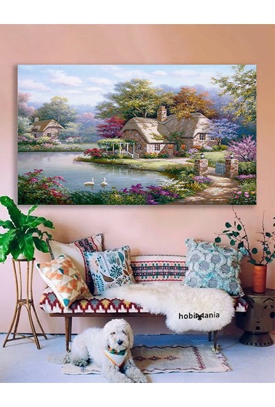 Hobimania Kanvas Tablo Gölet Evi Manzara Göl Çiçekli Duvar Dekorasyon Tablo Moda