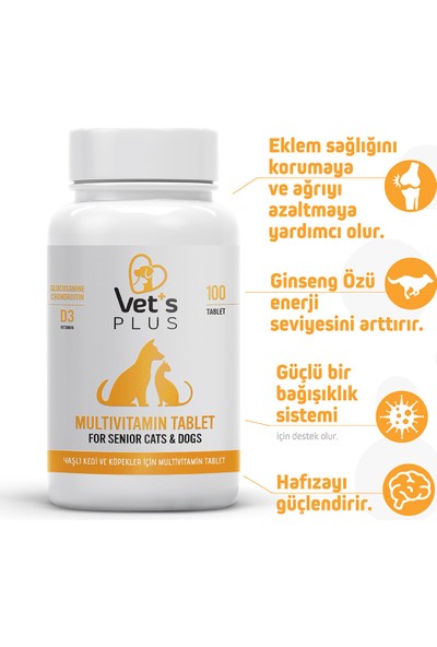 Vet's Plus Senior Multivitamin Tablet 100’lü (Yaşlı Kedi ve Köpekler için Multivitamin Desteği)