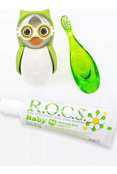 Rocs Baby Yeşil Baykuş Bakım Seti - Papatyalı Diş Macunu+ Diş Fırçası+ Baykuş Saklama Kabı-Yeşil