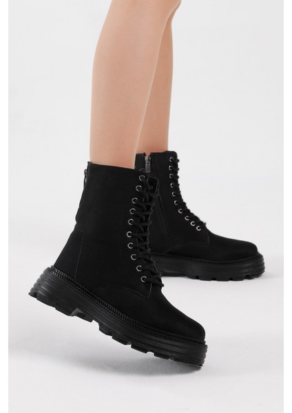 Kadın Siyah Süet Poli Taban Arkası Fermuar Detaylı Rahat Kalıp Bağcıklı Bot
