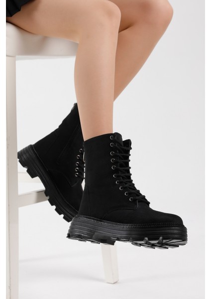 Kadın Siyah Süet Poli Taban Arkası Fermuar Detaylı Rahat Kalıp Bağcıklı Bot fırsatları