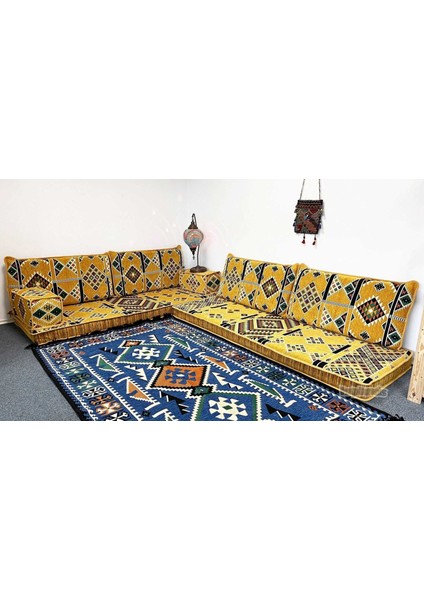 Anatolia Kilim Desenli Şark Köşesi Ikili Sedir Takımı Hardal indirimleri