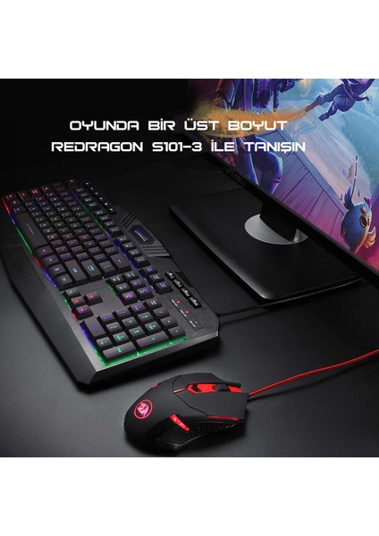 S101-3 Kablolu Türkçe Q Rgb Oyuncu Klavyesi ve Arkadan Aydınlatmalı Kırmızı Mouse / Oyuncu Klavye Mouse Seti Siyah Redragon S101-3