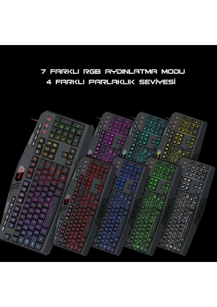 S101-3 Kablolu Türkçe Q Rgb Oyuncu Klavyesi ve Arkadan Aydınlatmalı Kırmızı Mouse / Oyuncu Klavye Mouse Seti Siyah Redragon S101-3