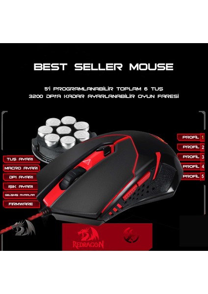 S101-3 Kablolu Türkçe Q Rgb Oyuncu Klavyesi ve Arkadan Aydınlatmalı Kırmızı Mouse / Oyuncu Klavye Mouse Seti Siyah Redragon S101-3