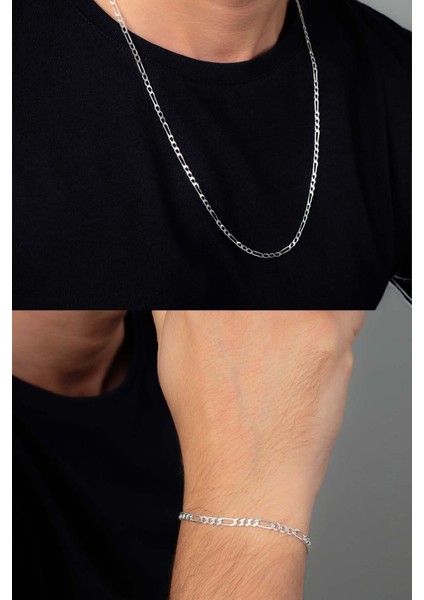 925 Ayar Gümüş Figaro Kolye Bileklik Seti Erkek Kadın Klipsli