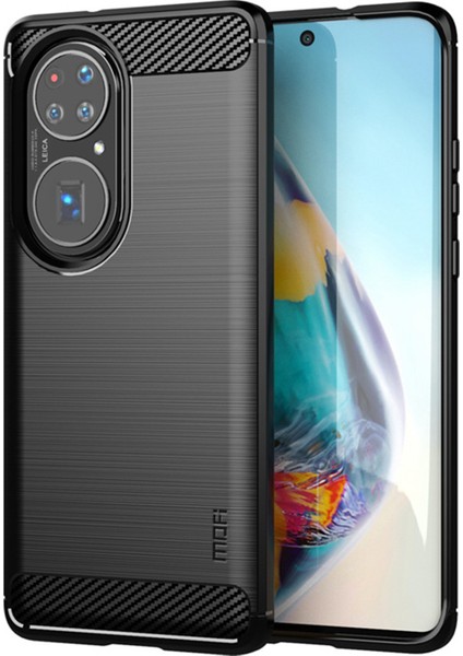 P50 Pro Için Mofı Fırçalanmış Tasarım Karbon Fiber Yumuşak Tpu Kapağı - Kırmızı (Yurt Dışından)