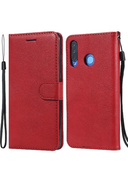 Deri Serisi-2 Düz Renkli Pu Deri Telefon Kılıfı Cüzdan Stand Kapağı Huawei P30 Lite Için Kayış / Nova 4e - Kırmızı (Yurt Dışından)
