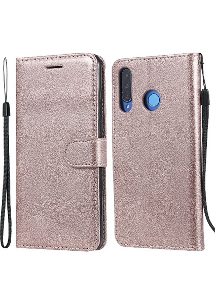 Deri Serisi-2 Düz Renkli Pu Deri Telefon Kılıfı Cüzdan Stand Kapağı Huawei P30 Lite Için Kayış / Nova 4e - Kırmızı (Yurt Dışından)