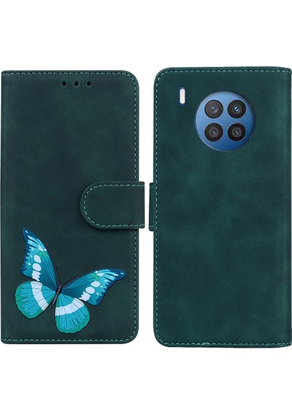 Baskı Stand Cüzdan Tasarım Huawei Nova 8i Için Cilt Dokunma Deri Telefon Kapağı/onur 50 Lite - Yeşil (Yurt Dışından)
