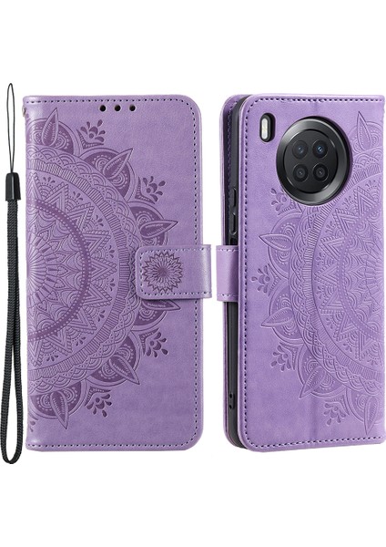 Mandala Çiçek Tam Koruma Pu Deri + Yumuşak Tpu Stand Cüzdan Telefon Kılıfı Huawei Nova 8i Için Kayış - Mor (Yurt Dışından)