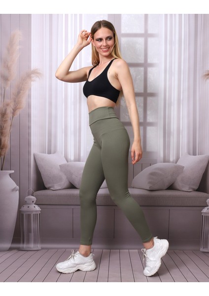 Kadın Haki Yüksek Bel Fitilli Dayanıklı Örme Kumaş Toparlayıcı Spor Tayt Slf1396 modelleri