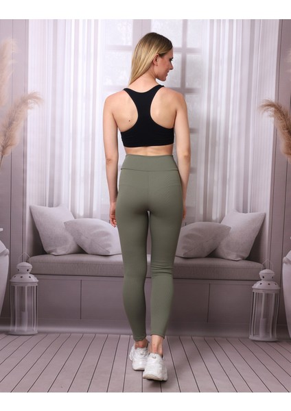 Kadın Haki Yüksek Bel Fitilli Dayanıklı Örme Kumaş Toparlayıcı Spor Tayt Slf1396 fırsatları