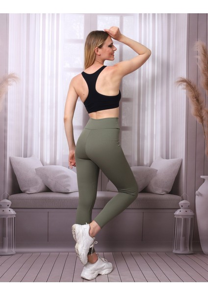 Kadın Haki Yüksek Bel Fitilli Dayanıklı Örme Kumaş Toparlayıcı Spor Tayt Slf1396 indirimleri