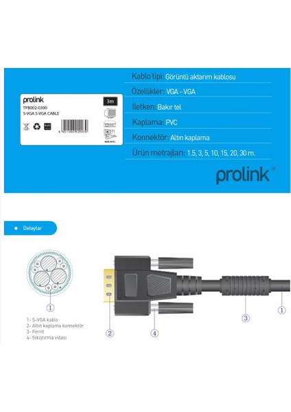 PrimeX Plus Prolink TPB002-1500 15 Metre VGA Kablo Filtreli, VGA To VGA Kablo Altın Uçlu