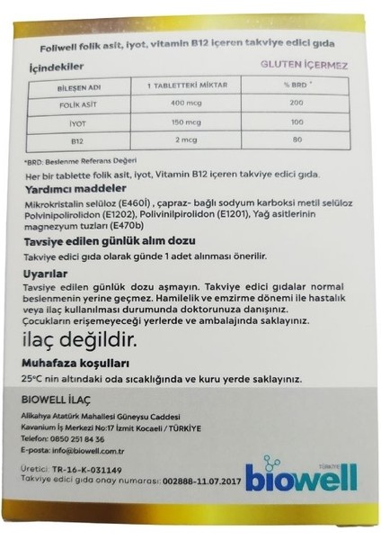 Foliwell 90 Tablet - Folik Asit Iyot Vitamin B12 - Skt : 03/2026 fiyatları