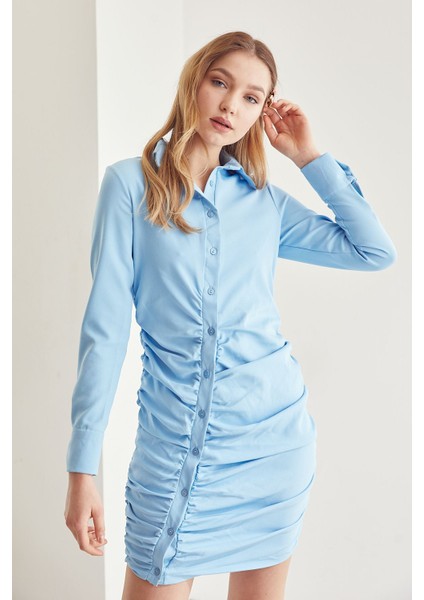 Ön Büzgülü Elbise-Mavi