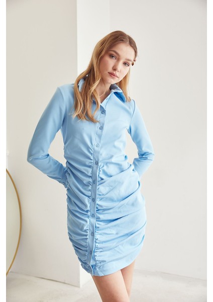 Ön Büzgülü Elbise-Mavi fırsatları