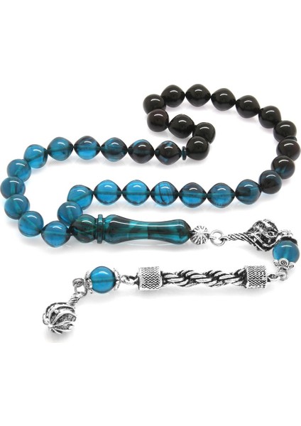Kararmaz Metal Halat Püsküllü Istanbul Kesim Süzme Turkuaz-Siyah Ateş Kehribar Tesbih