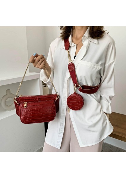 Kırmızı Timsah Desen Messenger Çanta Deri Moda Çanta Geniş Omuz Çantası Kadın Sikke Çanta Cep Telefonu Çantası | Omuz Çantası (24 cm * 12.5 * 4.5) (19 cm * 9.5 * 3.5) (9.5 cm * 9.5 cm *2.5cm) fırsatları