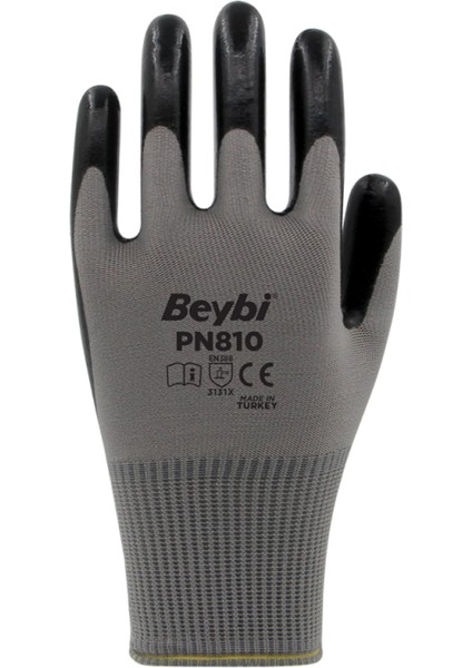 PN810 Gri Polyester Örme Nitril Eldiven Iş Eldiveni 12 Çift