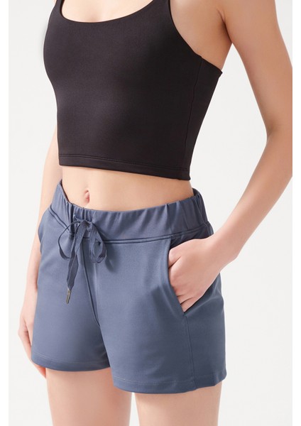 Kadın Antrasit Cepli Beli Lastikli Basic Fit Spor Şort Shorts