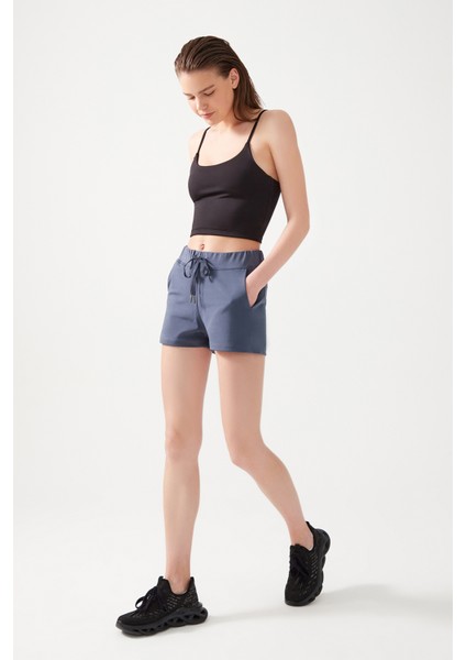 Kadın Antrasit Cepli Beli Lastikli Basic Fit Spor Şort Shorts modelleri