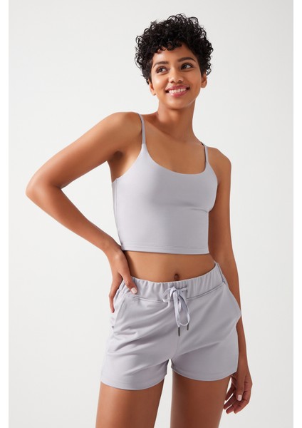 Kadın Gri Cepli Beli Lastikli Basic Fit Spor Şort Shorts