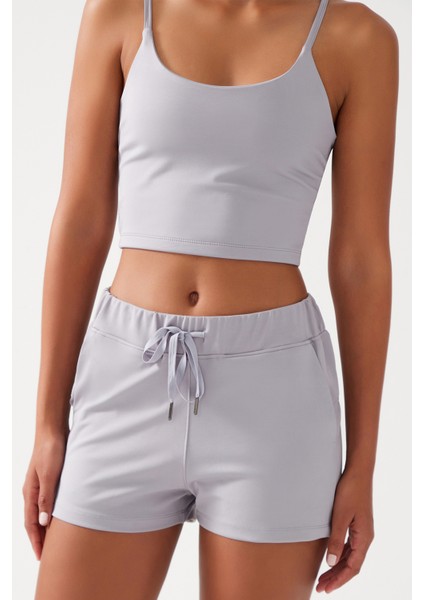 Kadın Gri Cepli Beli Lastikli Basic Fit Spor Şort Shorts fiyatları