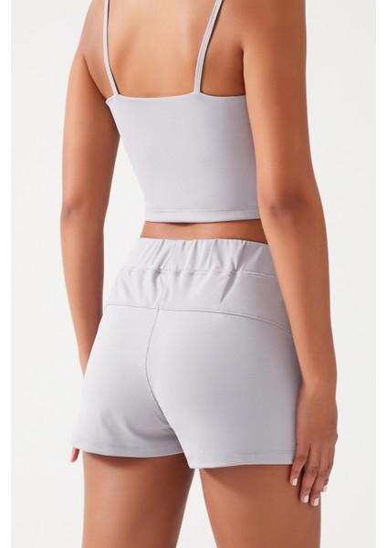 Kadın Gri Cepli Beli Lastikli Basic Fit Spor Şort Shorts modelleri