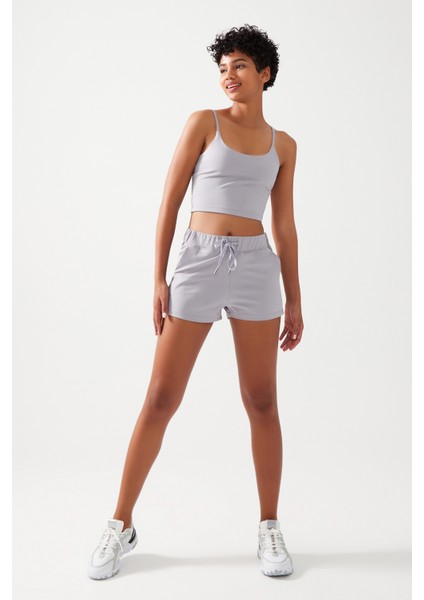 Kadın Gri Cepli Beli Lastikli Basic Fit Spor Şort Shorts fırsatları