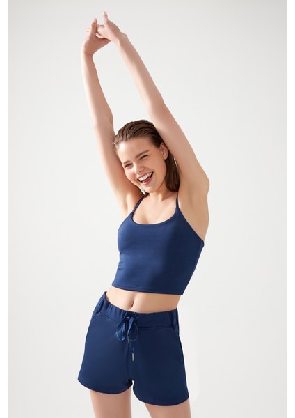 Kadın Lacivert Cepli Beli Lastikli Basic Fit Spor Şort Shorts