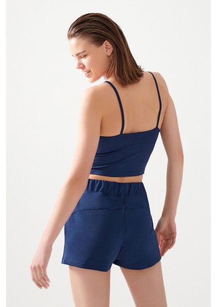 Kadın Lacivert Cepli Beli Lastikli Basic Fit Spor Şort Shorts modelleri