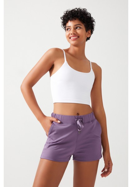 Kadın Lila Cepli Beli Lastikli Basic Fit Spor Şort Shorts