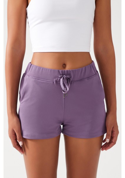 Kadın Lila Cepli Beli Lastikli Basic Fit Spor Şort Shorts fiyatları