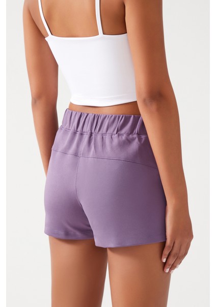 Kadın Lila Cepli Beli Lastikli Basic Fit Spor Şort Shorts modelleri